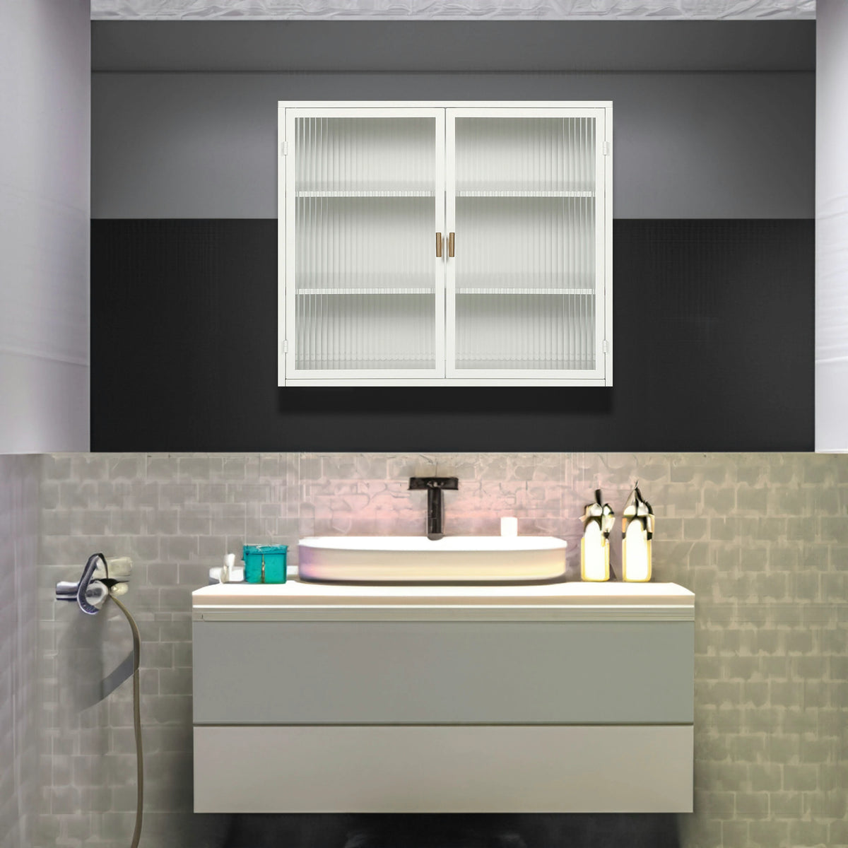 Fluted Glass Bathroom Wall Cabinet with Three Tiers
