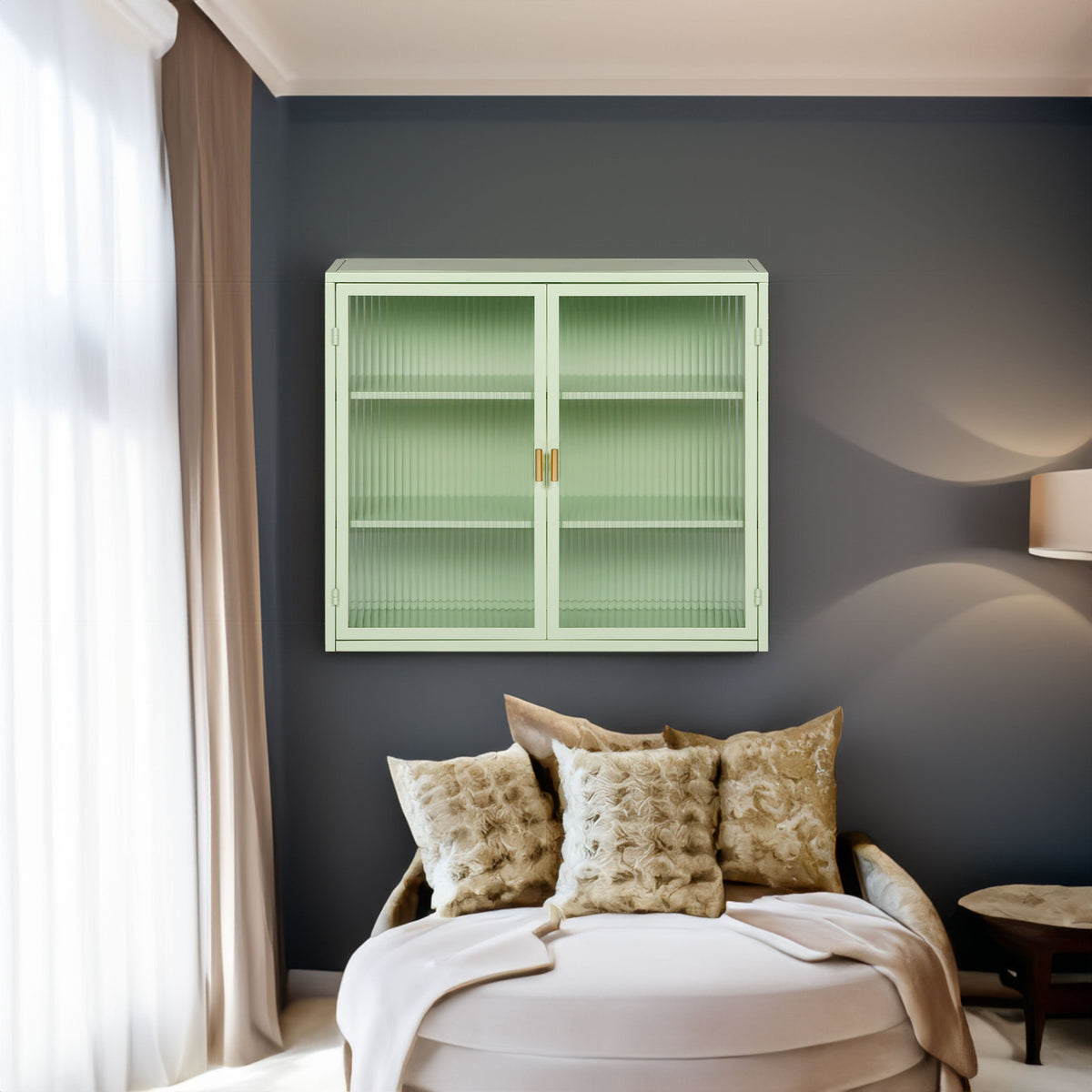 Mint Green Glass Door Wall Cabinet With 3 Shelves