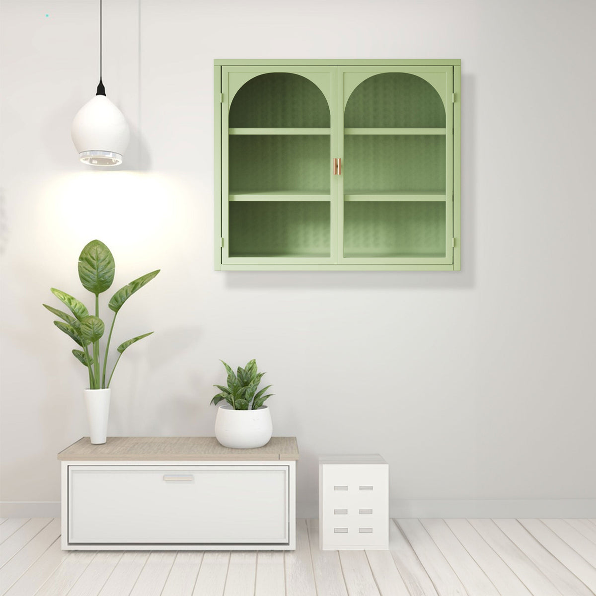 Wall Cabinet with Glass Doors, Sage Green 3-Tier Shelves