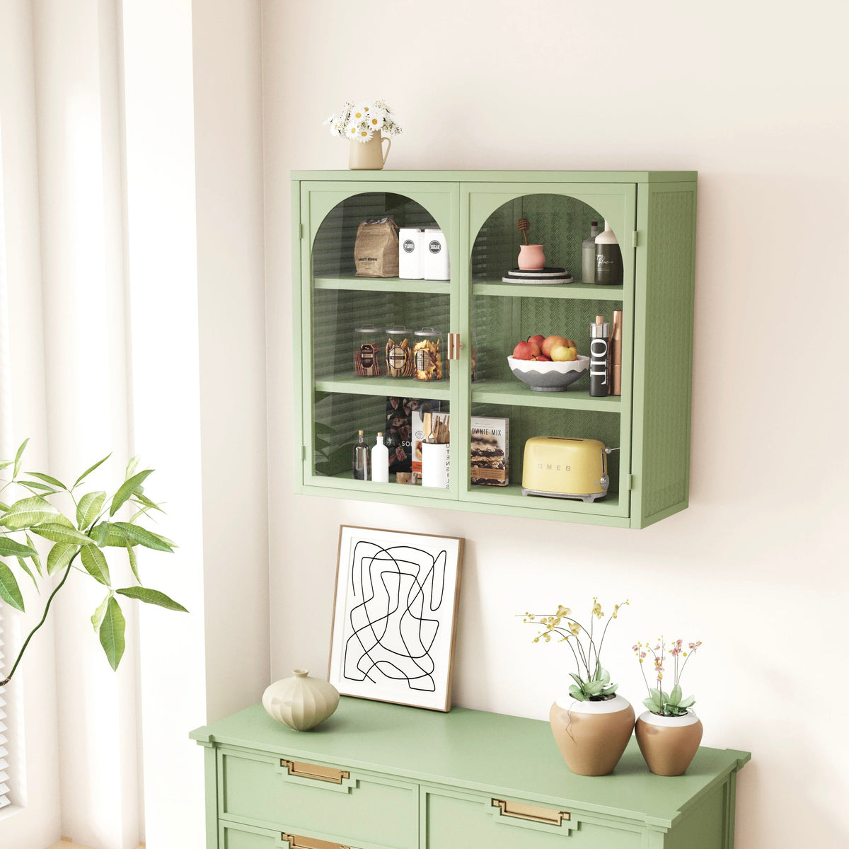 Wall Cabinet with Glass Doors, Sage Green 3-Tier Shelves