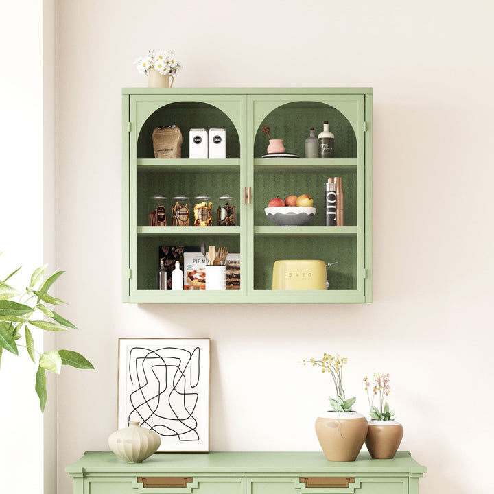 Wall Cabinet with Glass Doors, Sage Green 3-Tier Shelves