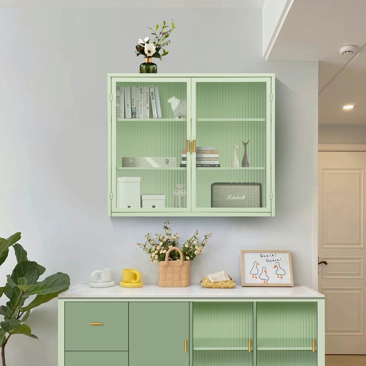 Mint Green Glass Door Wall Cabinet With 3 Shelves