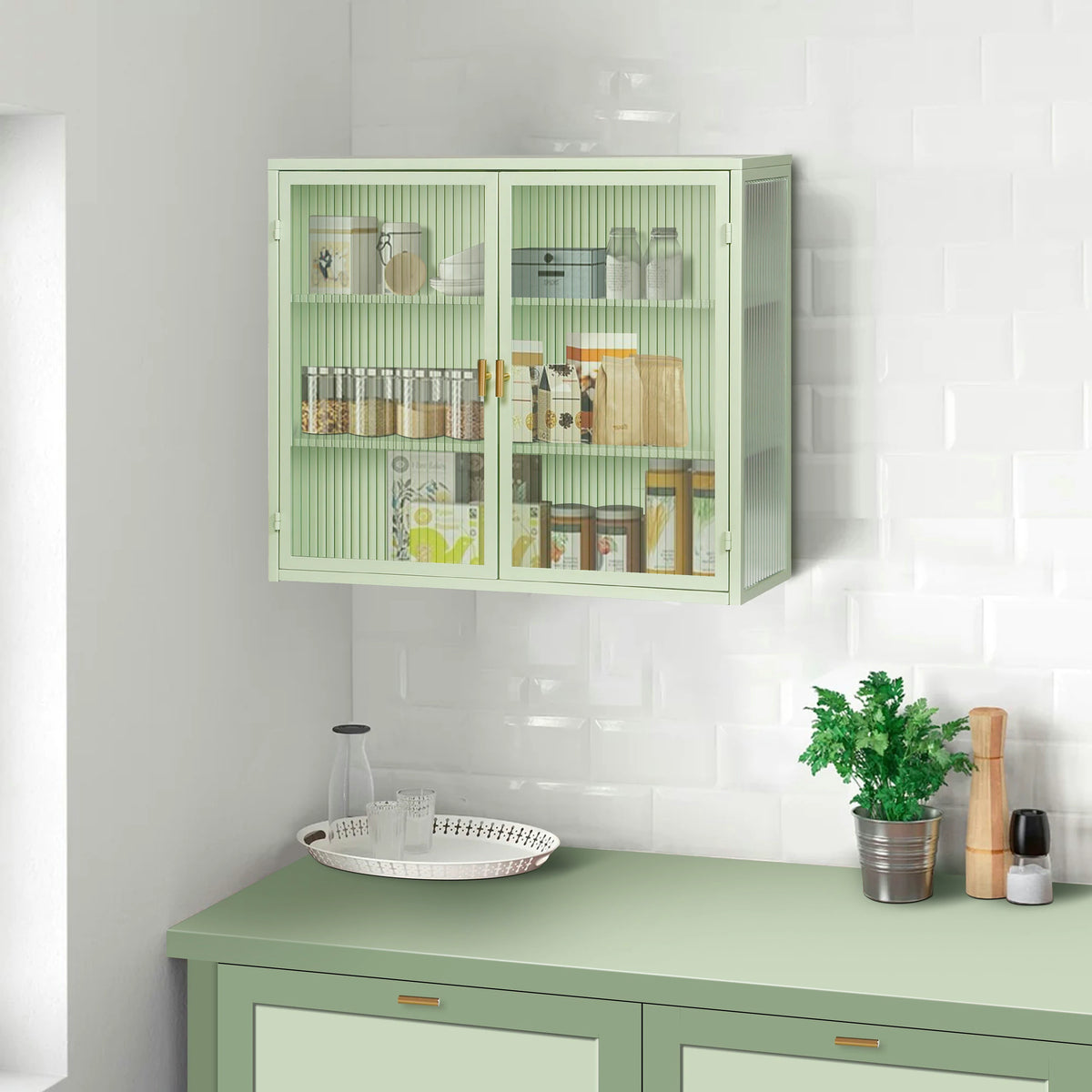 Mint Green Glass Door Wall Cabinet With 3 Shelves