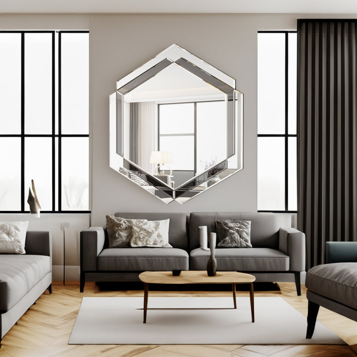 Layered Silver Round Wall Mirror for Living Room Decor