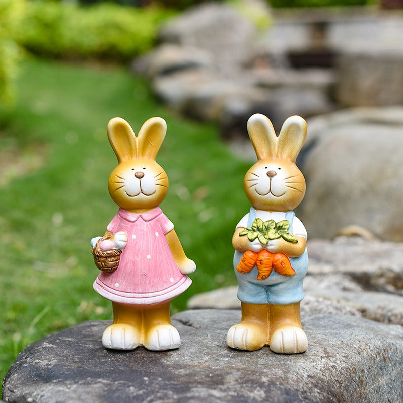 Ceramic Bunny Garden Statues Pair for Easter Lawn Decor