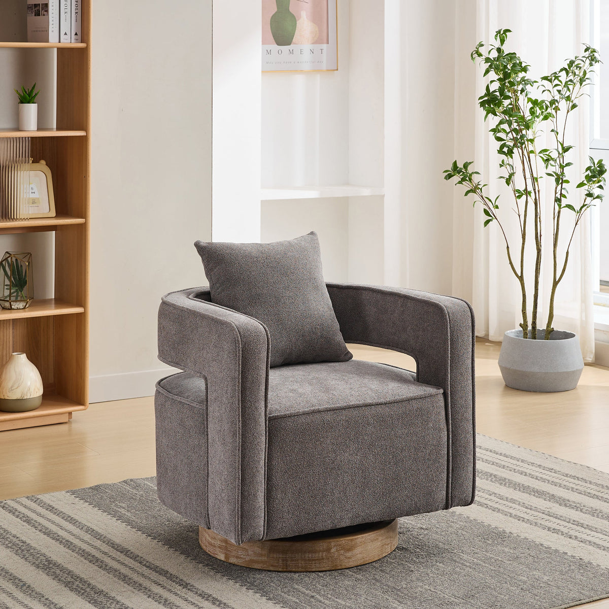 Modern Swivel Accent Chair with Open Back and Boucle Look