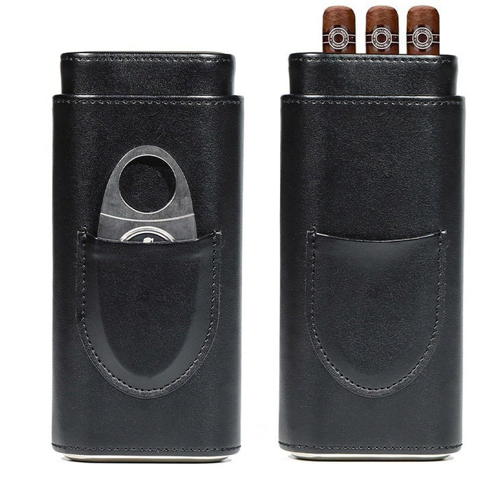 Leather Cigar Case for 3 Cigars with Built-In Cutter