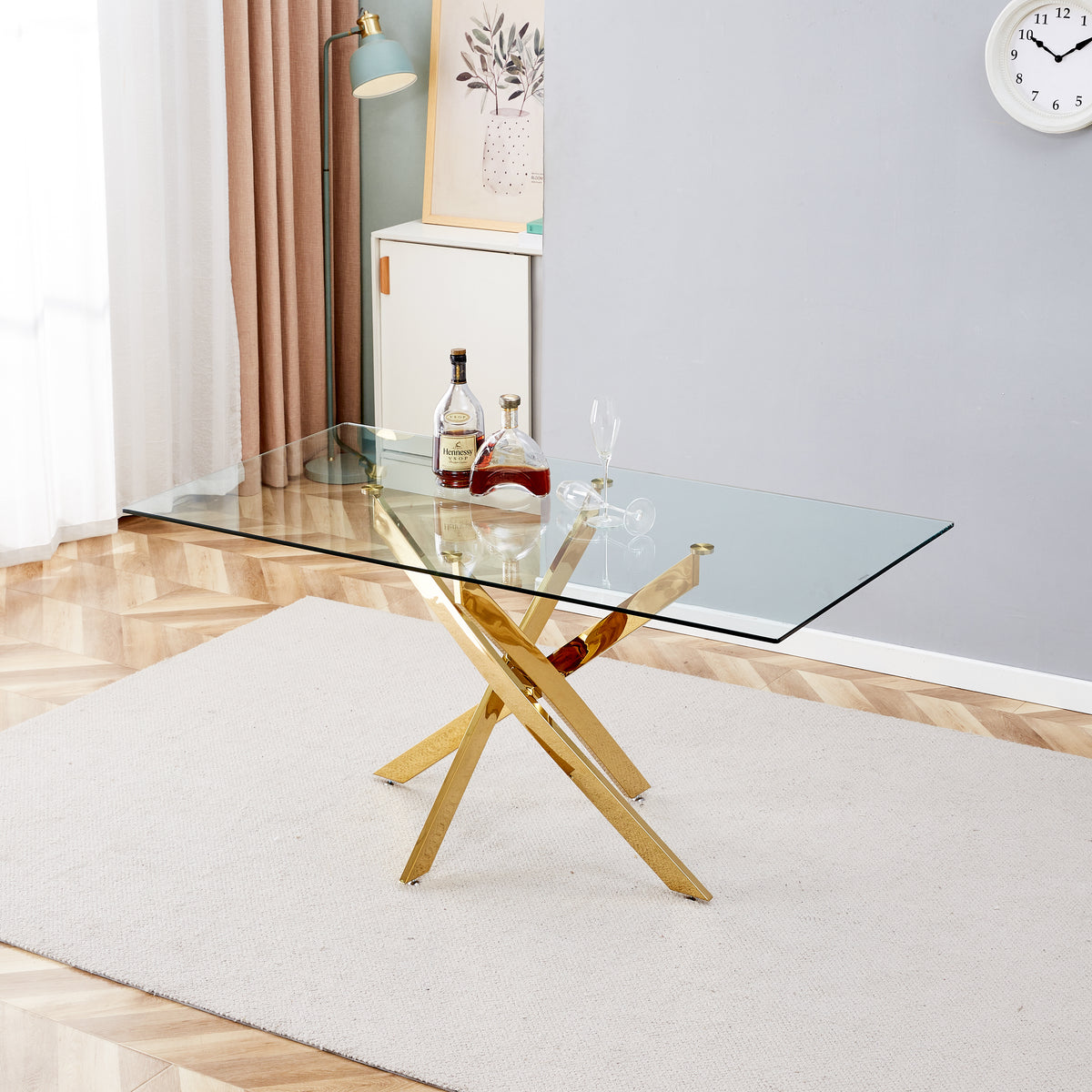 Clear Glass Dining Table with Gold X-Base