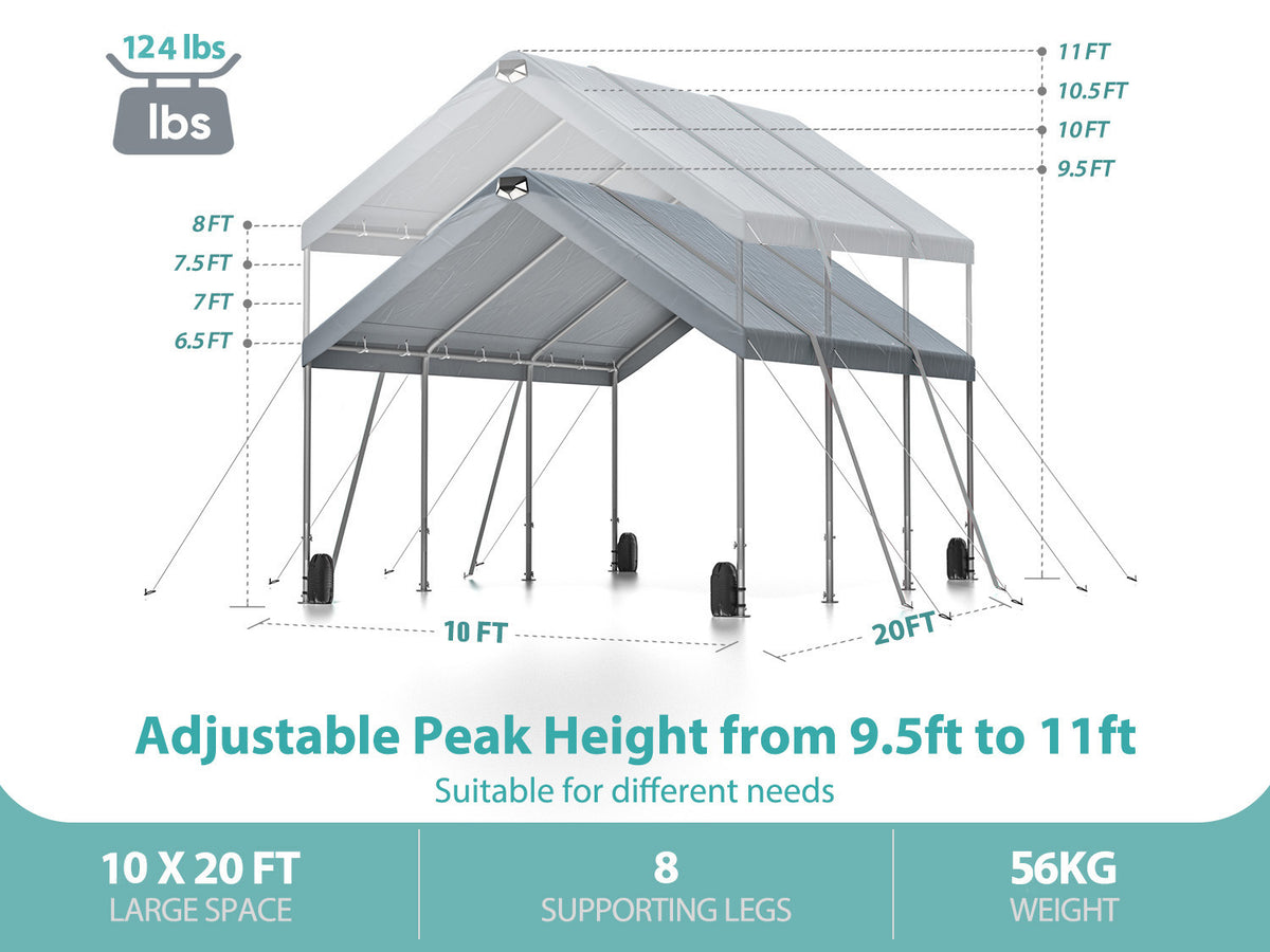 10x20 Ft Adjustable Carport with Detachable Roof Walls