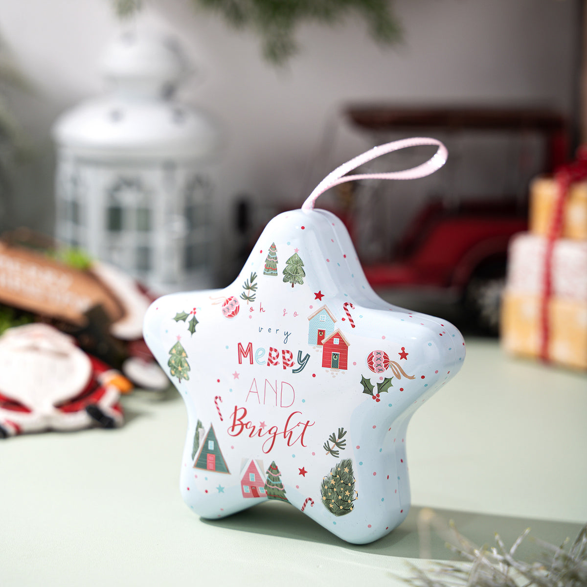 Christmas Star Candy Box Tin with Hanging Ornament