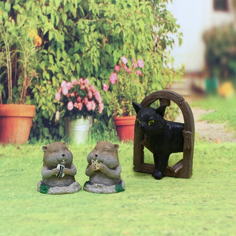 Resin Gopher and Cat Garden Figurines for Flower Beds