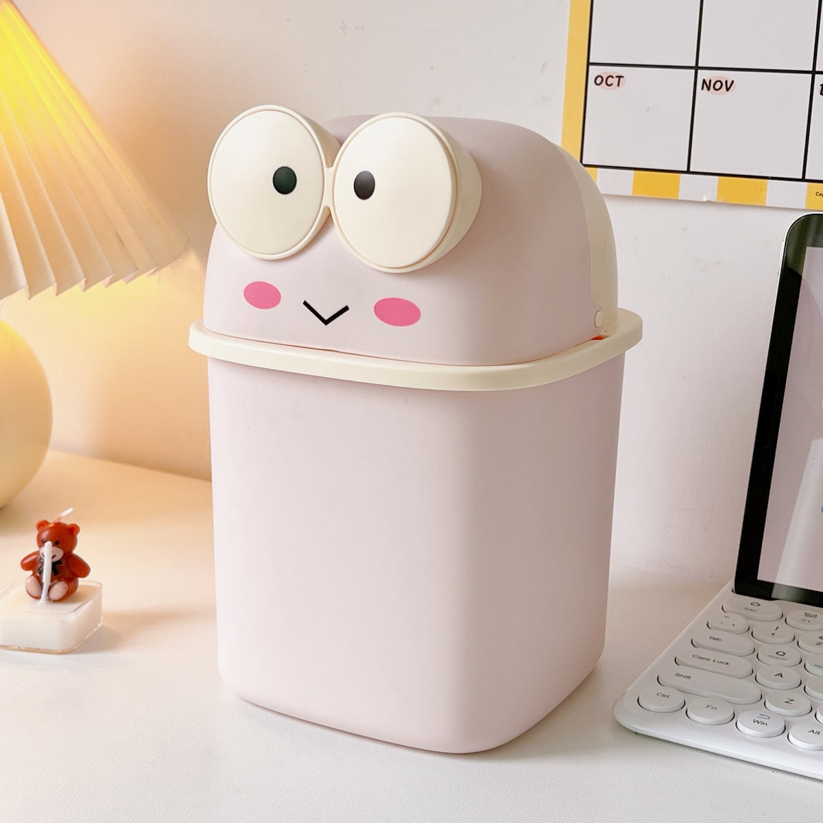 Cute Frog Flip-Lid Desk Trash Can for Dorm Desk Clutter