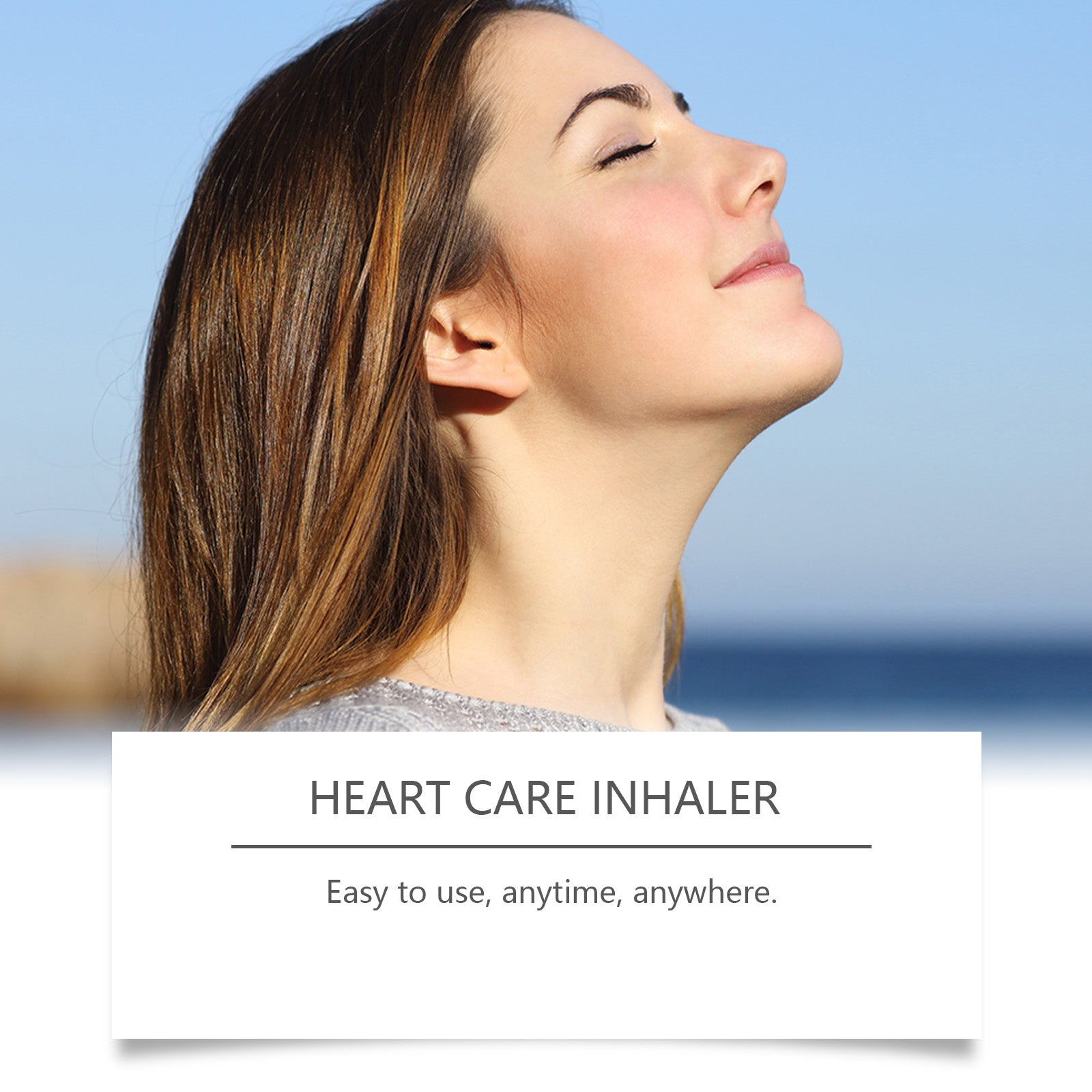Woman inhaling peacefully against blue sky background with tagline 'Easy to use, anytime, anywhere'