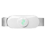Front view of white waist massager belt with neon green digital display showing intensity level 2, adjustable mesh fabric straps on sides