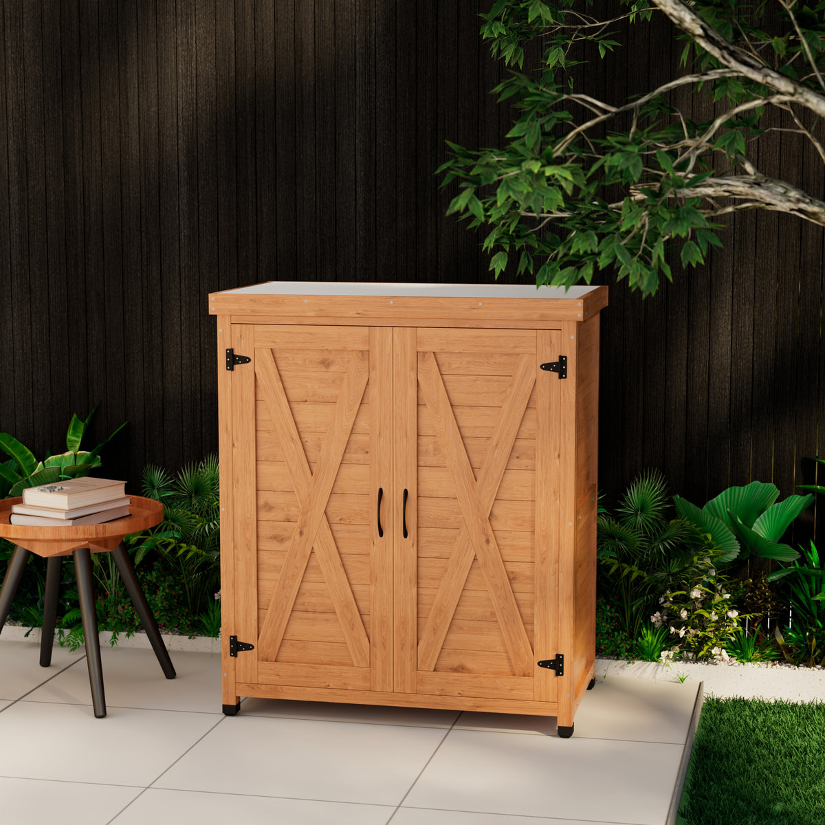 Outdoor Potting Bench with Storage Cabinet and Metal Top