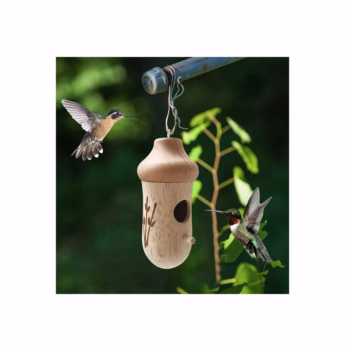 Handcrafted Hanging Wooden Hummingbird House Decor