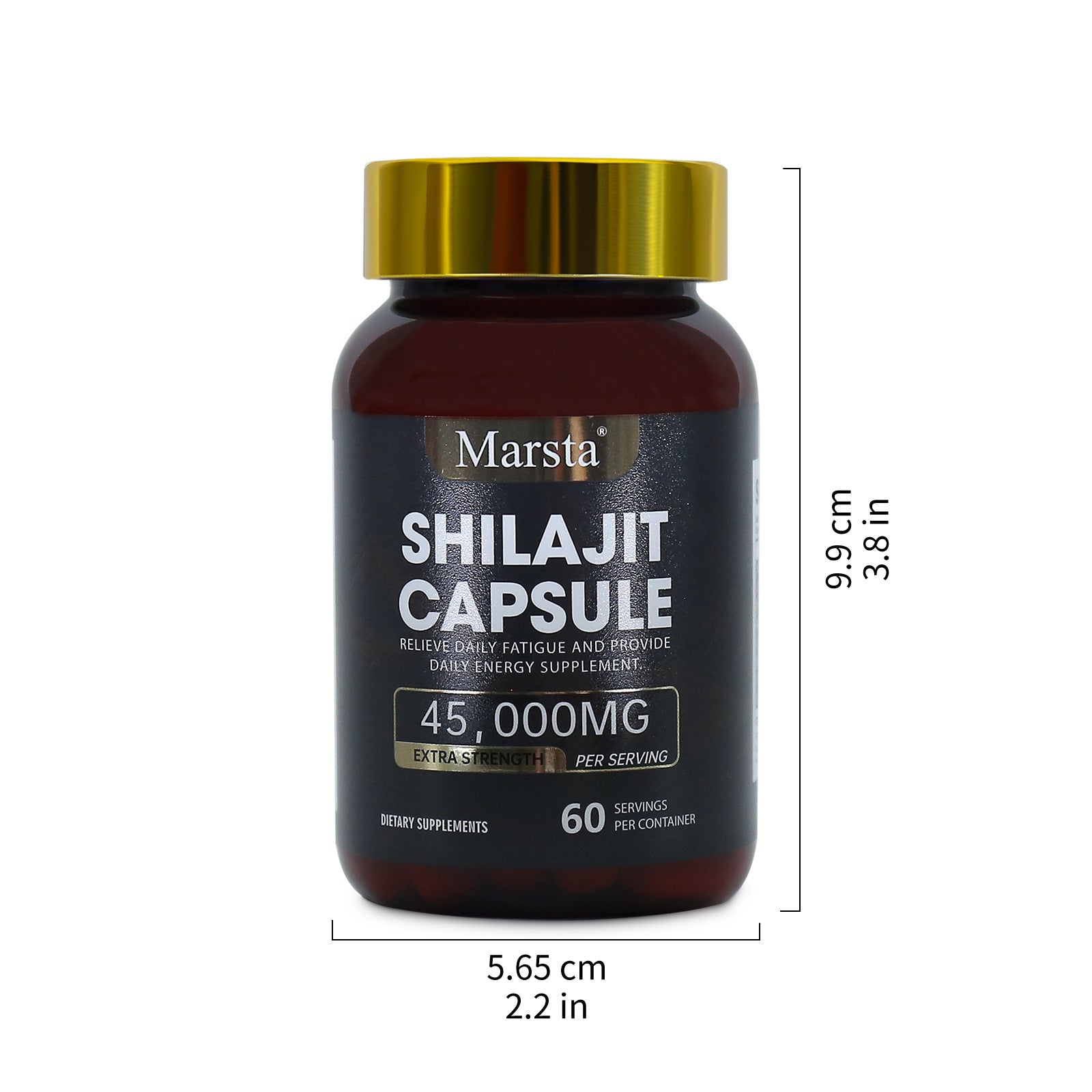 Full bottle view emphasizing label clarity with 45,000mg dosage, 60 servings, dietary supplement designation