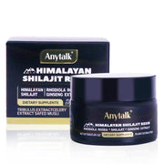 Anytalk Himalayan Shilajit Resin jar with navy glass and gold logo displayed next to premium matching navy box packaging