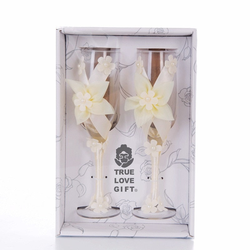 Wedding Champagne Flutes Set of 2 Pearl Flower Glasses