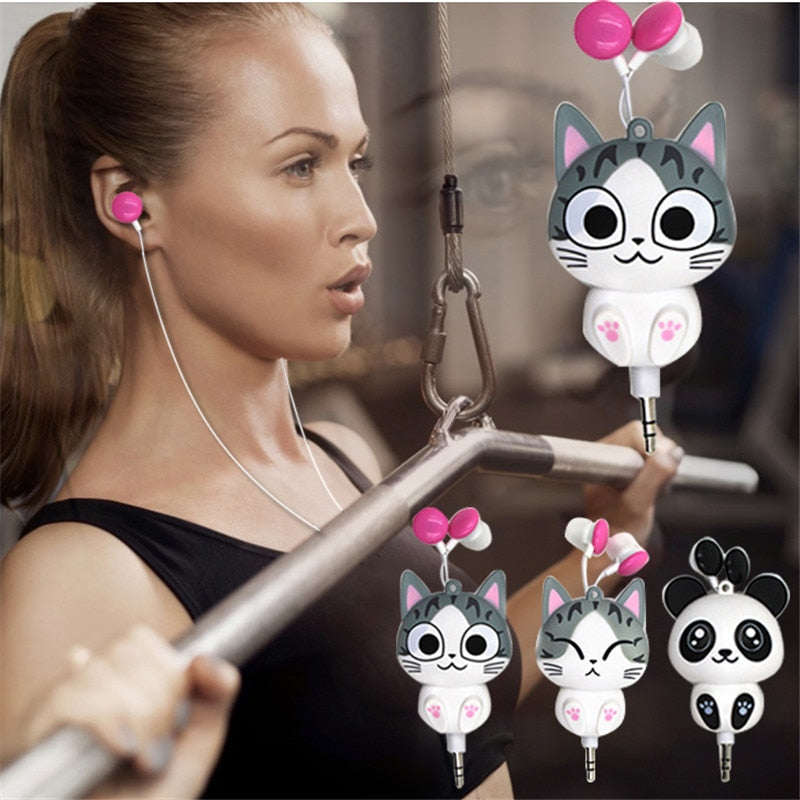 Cartoon Cat Earphones 3.5mm Retractable Wired Headset