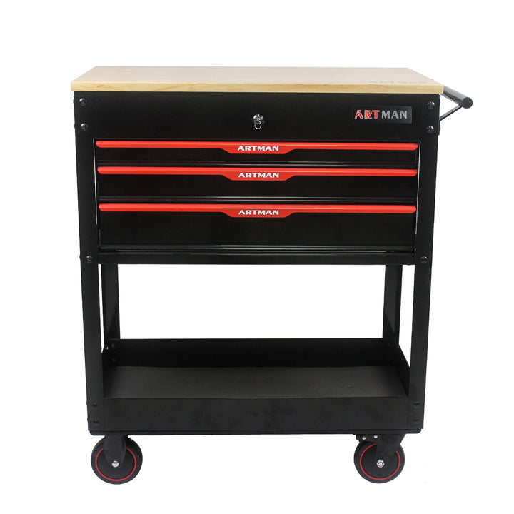 3-Drawer Rolling Tool Cart with Wooden Top and Wheels
