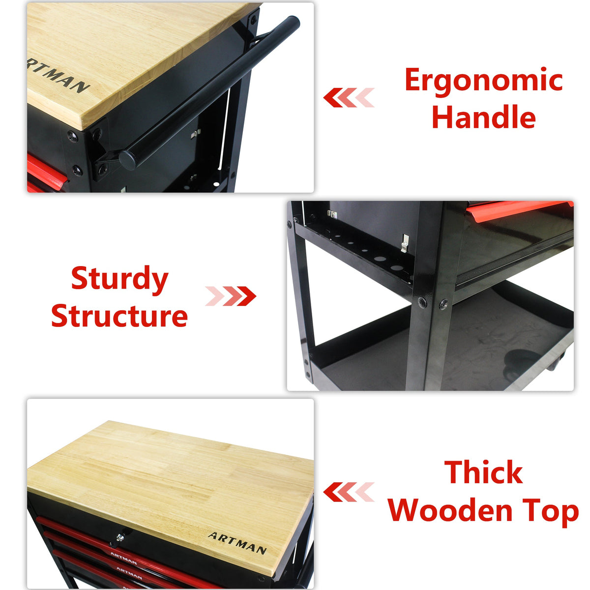 3-Drawer Rolling Tool Cart with Wooden Top and Wheels