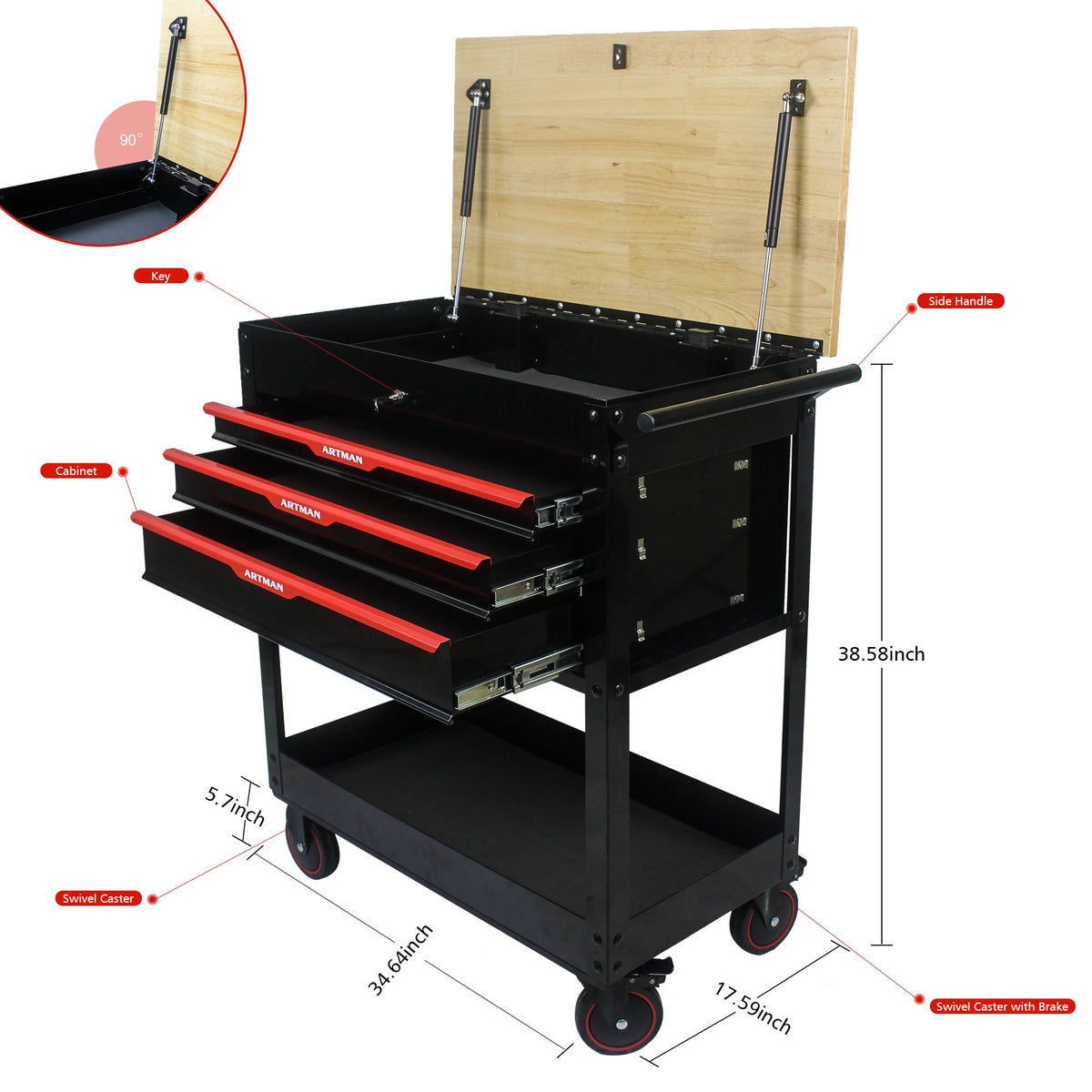 3-Drawer Rolling Tool Cart with Wooden Top and Wheels