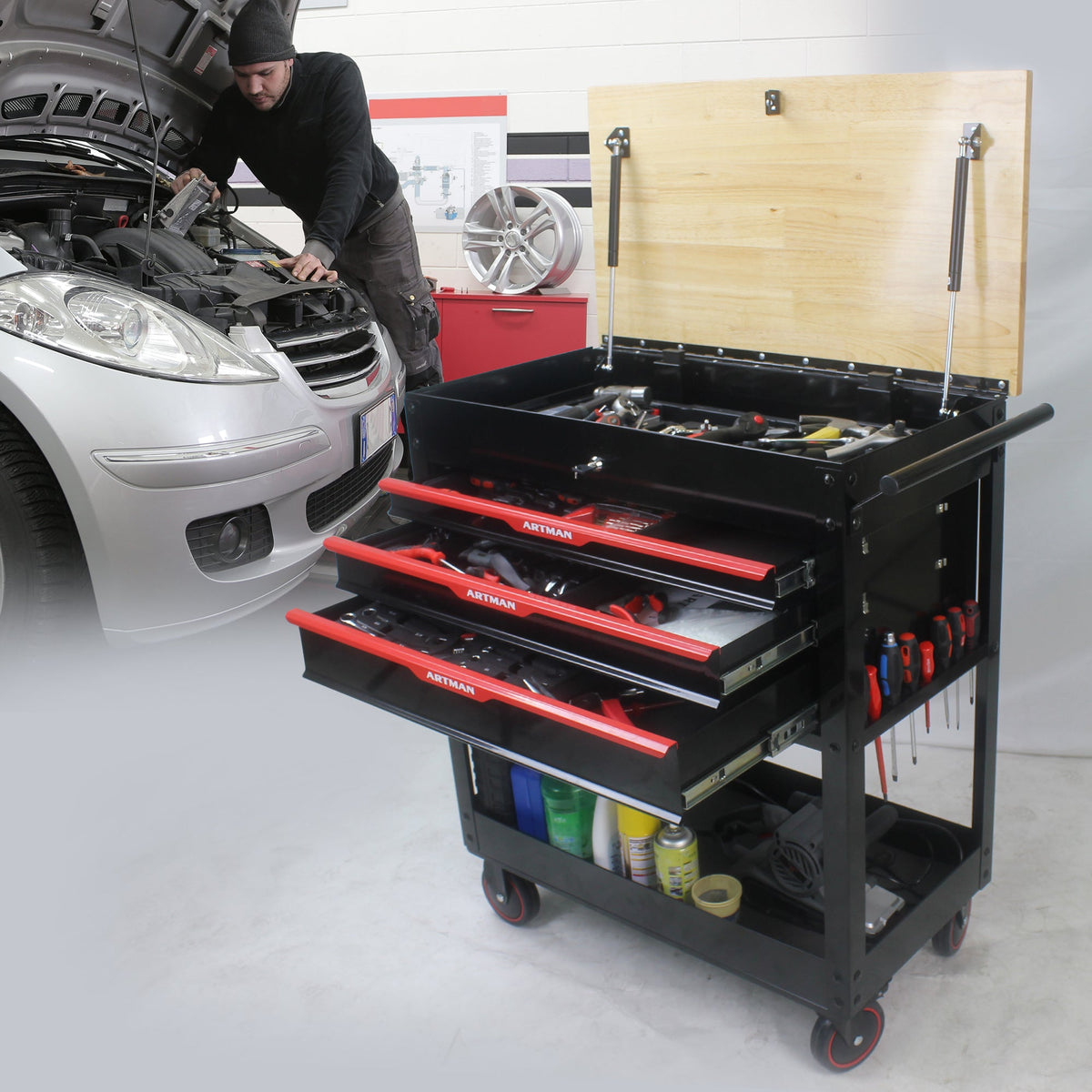 3-Drawer Rolling Tool Cart with Wooden Top and Wheels