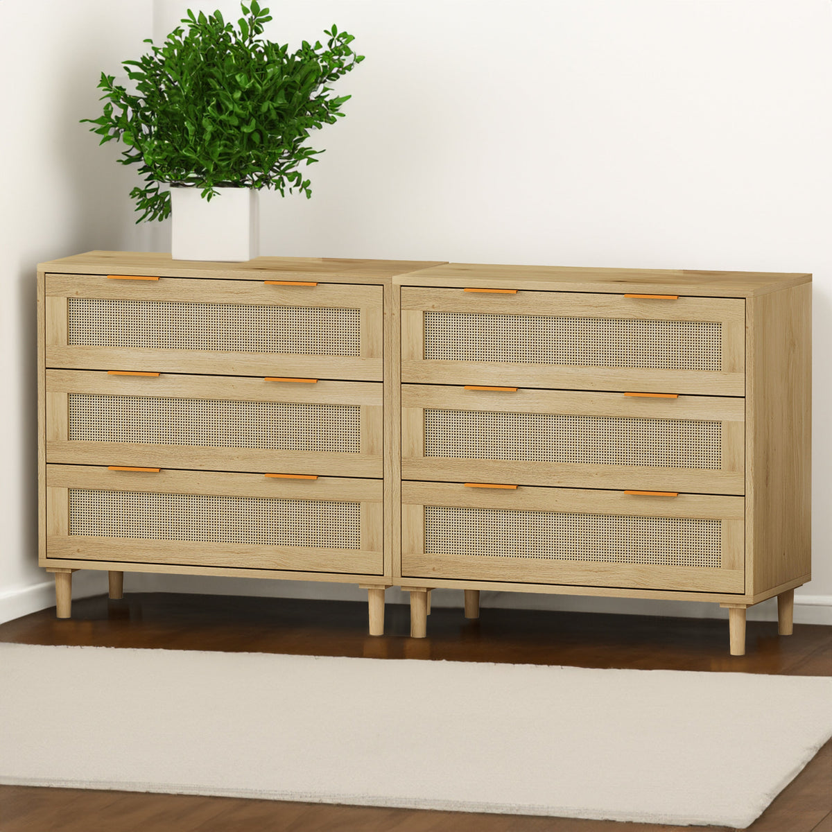 Rattan Storage Cabinet Set of 2 with 6 Drawers