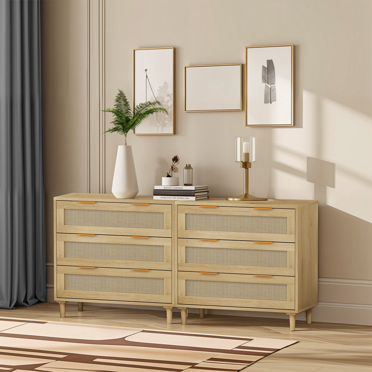 Rattan Storage Cabinet Set of 2 with 6 Drawers