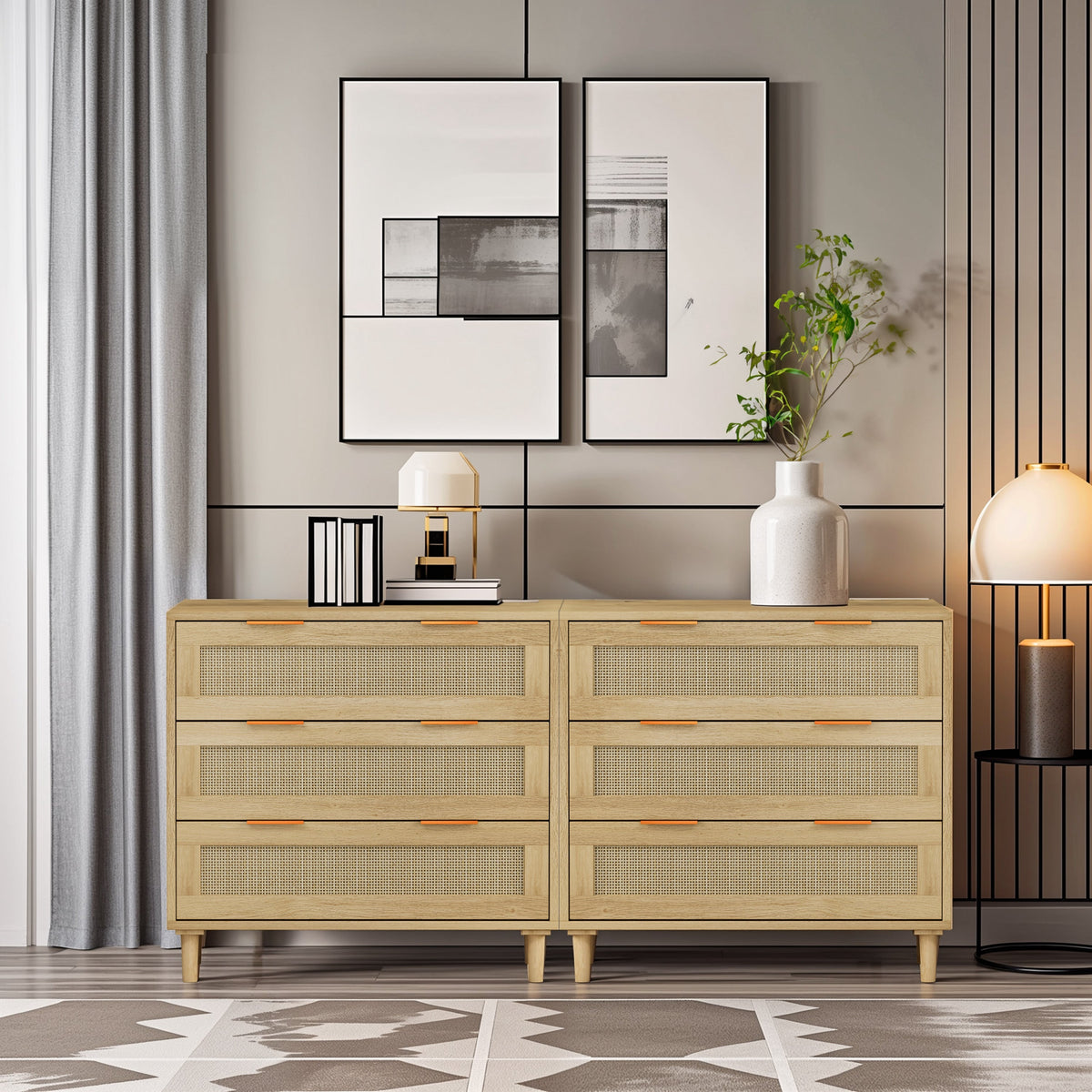 Rattan Storage Cabinet Set of 2 with 6 Drawers