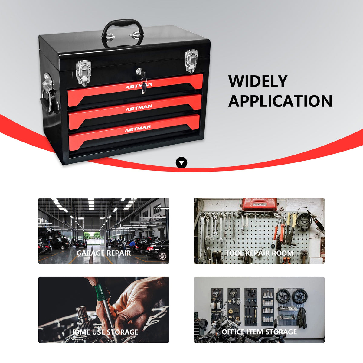 Lockable 3-Drawer Steel Tool Box with Keyed Lock & Latches