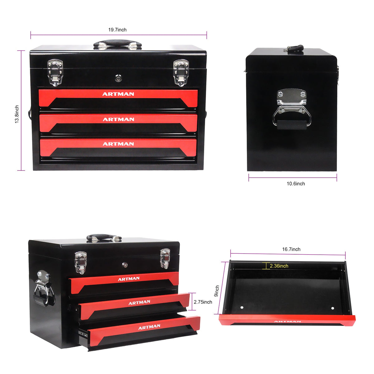 Lockable 3-Drawer Steel Tool Box with Keyed Lock & Latches