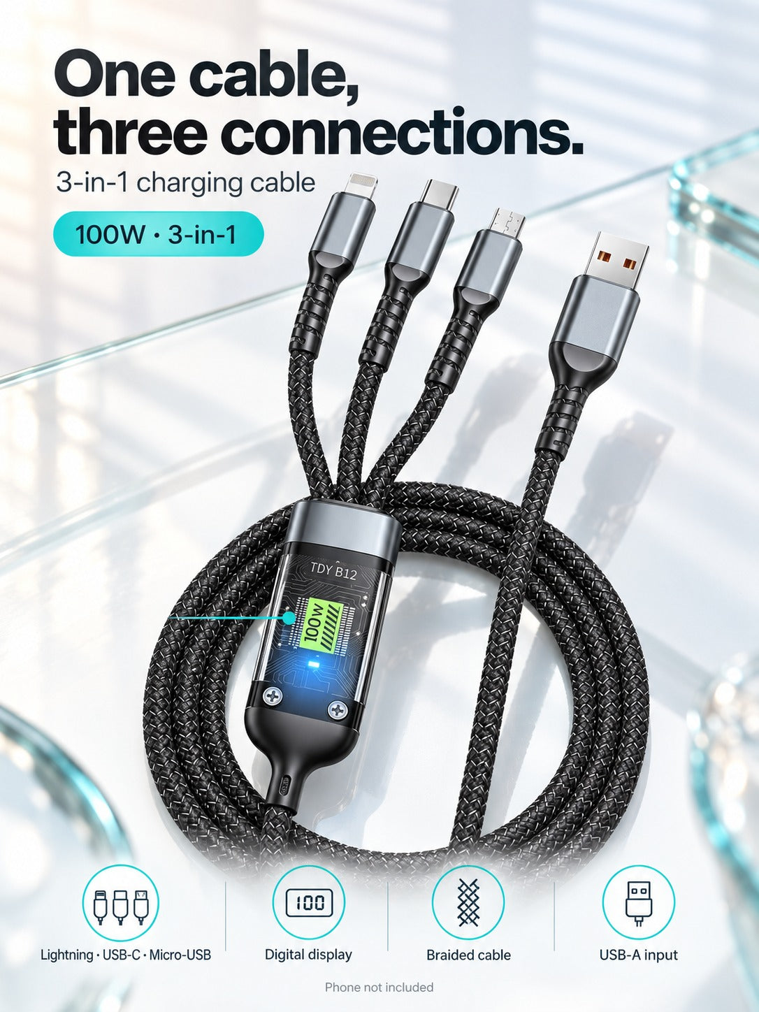 3-in-1 100W Fast Charging Cable with Digital Display