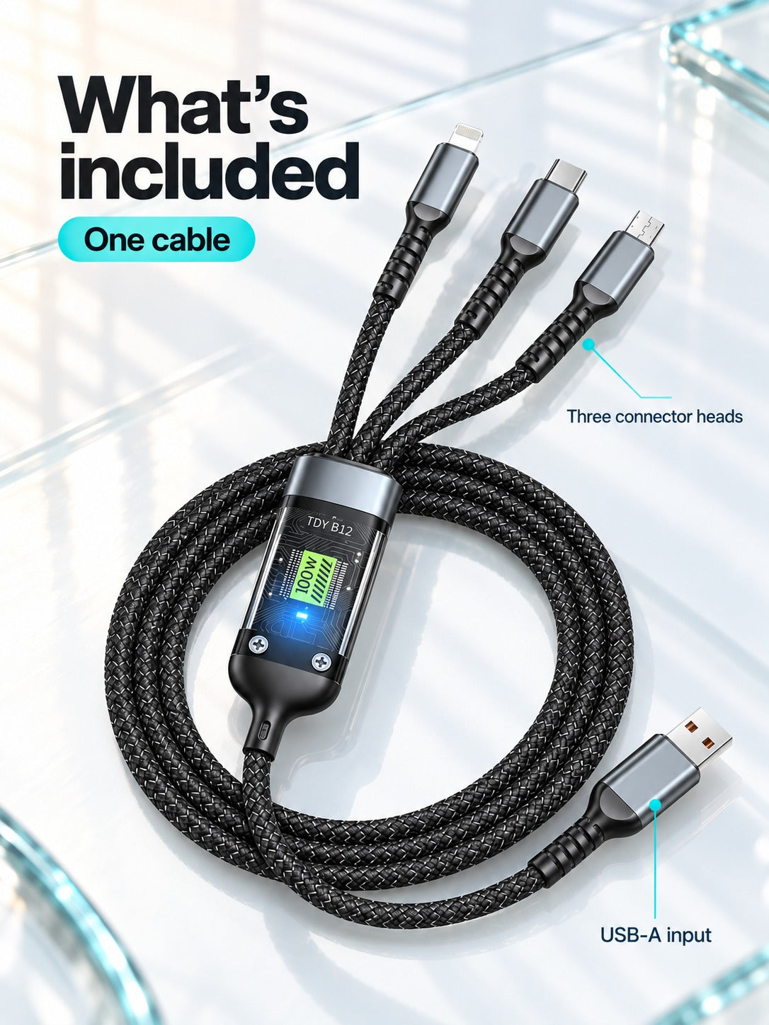 3-in-1 100W Fast Charging Cable with Digital Display
