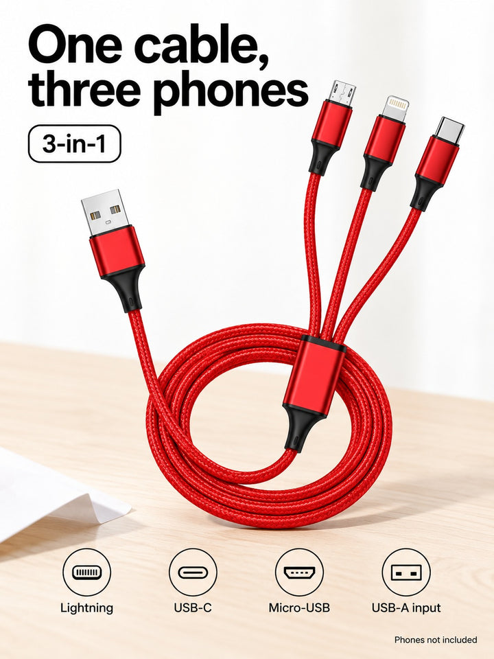 3-in-1 Charging Cable for iPhone, Samsung & Android