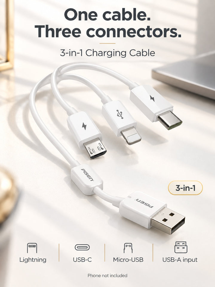 3-in-1 Charging Cable for iPhone, Type-C, Micro-USB