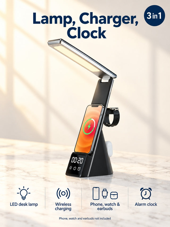 3-in-1 Desk Lamp With Wireless Charger and Alarm Clock