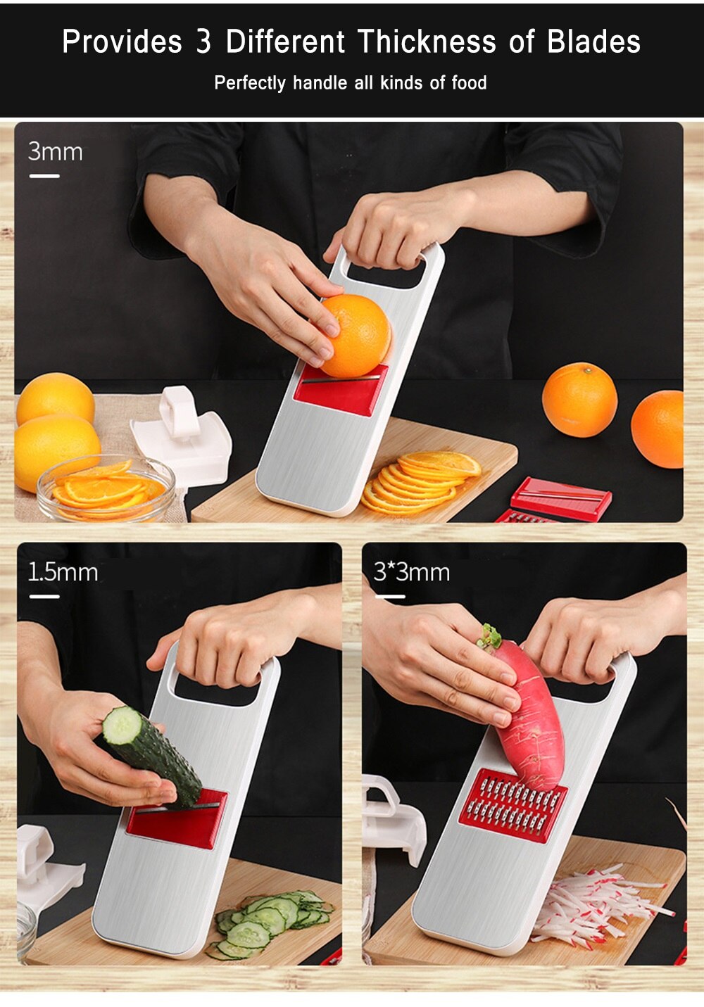 3-in-1 Stainless Steel Mandoline Slicer and Grater Set