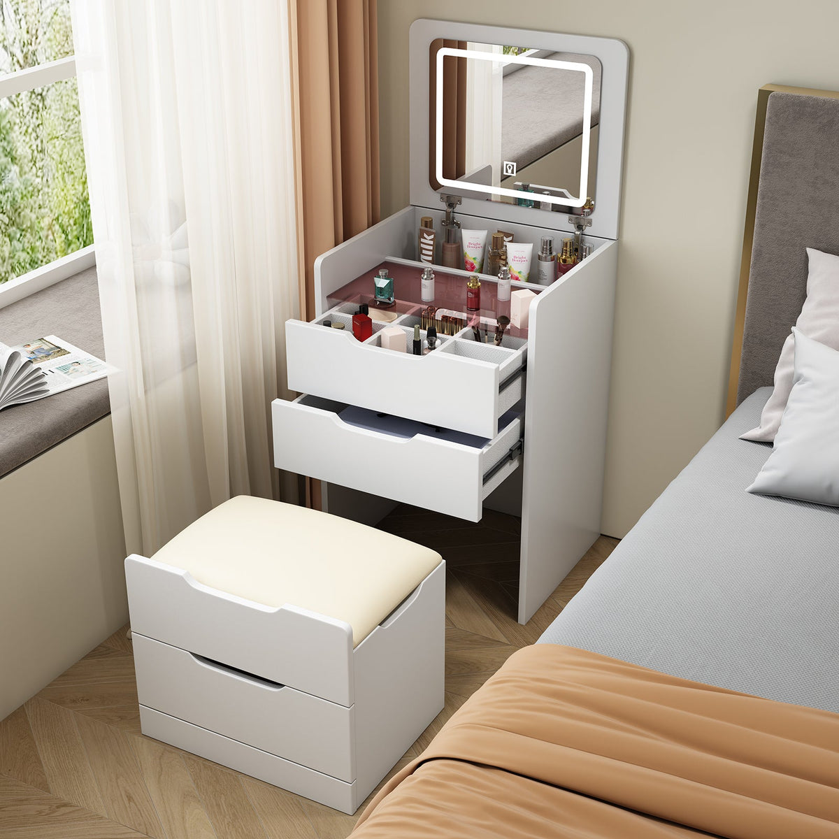 Small Vanity Desk with Lighted Flip Mirror & Drawers