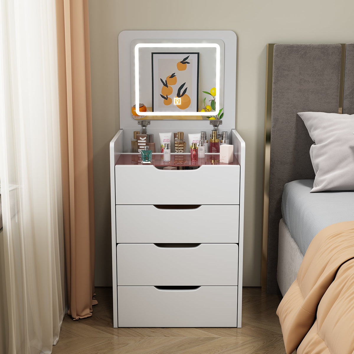 Small Vanity Desk with Lighted Flip Mirror & Drawers
