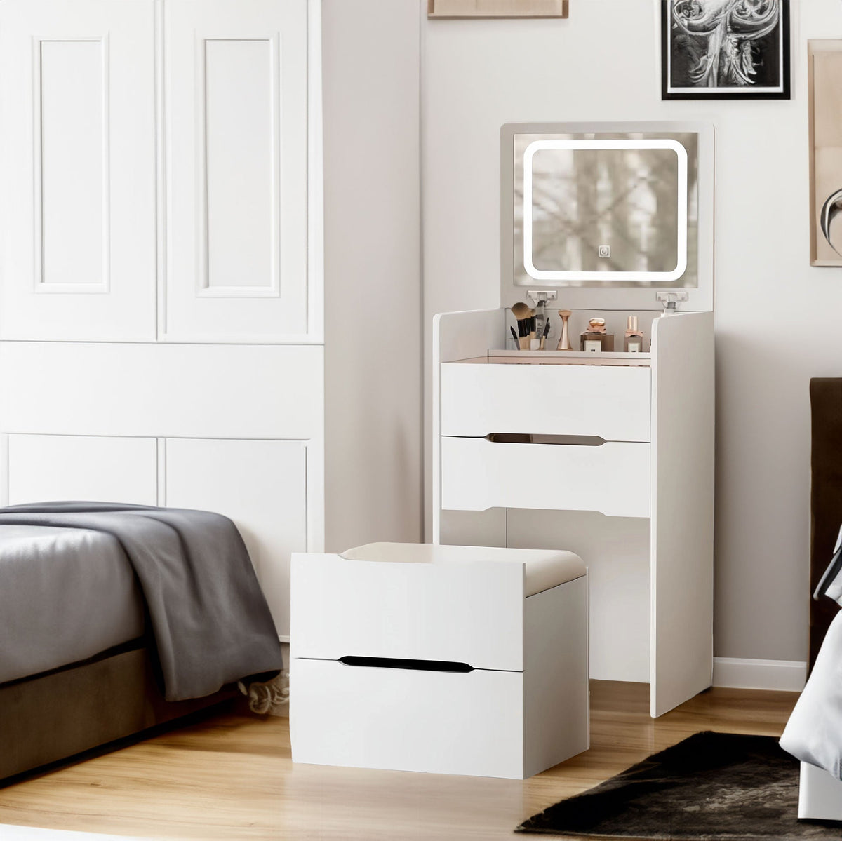 Small Vanity Desk with Lighted Flip Mirror & Drawers