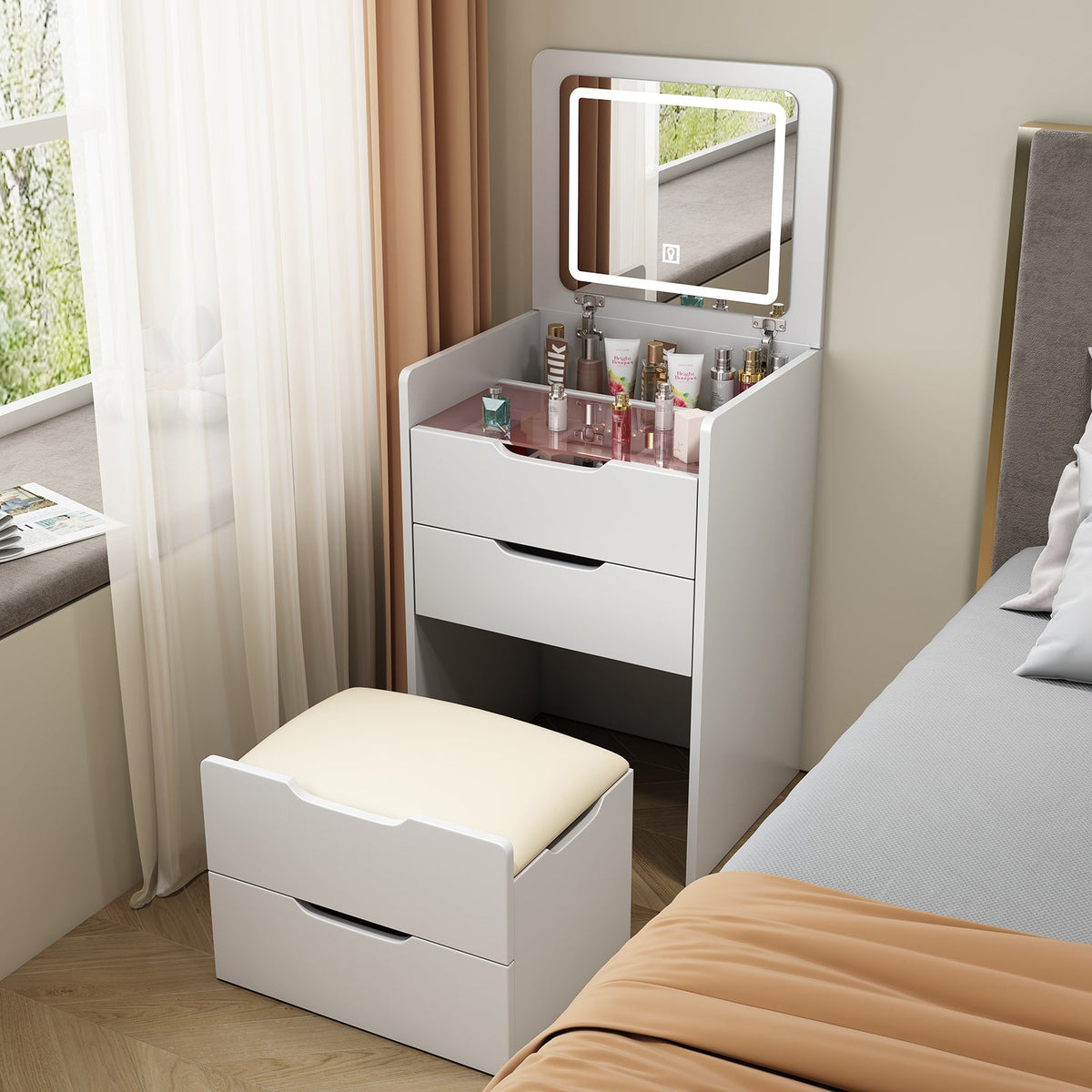 Small Vanity Desk with Lighted Flip Mirror & Drawers