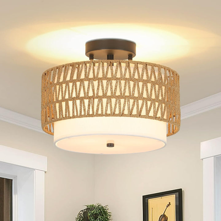 Rattan Semi Flush Ceiling Light, 3-Light Boho Fixture