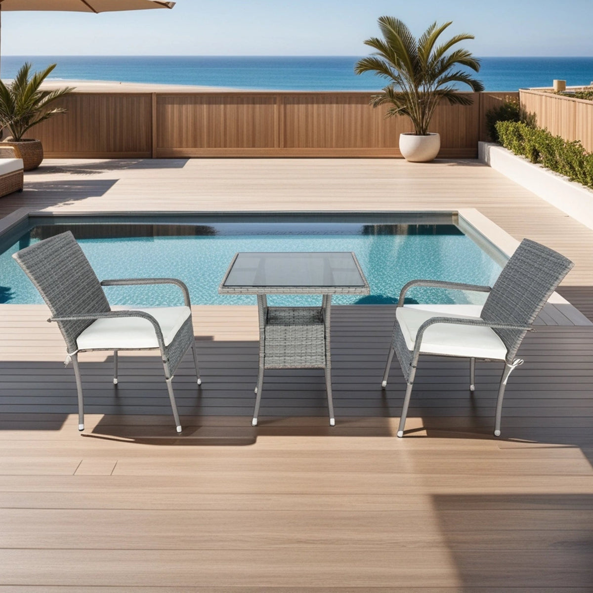Grey Wicker Patio Conversation Set with Cream Cushions