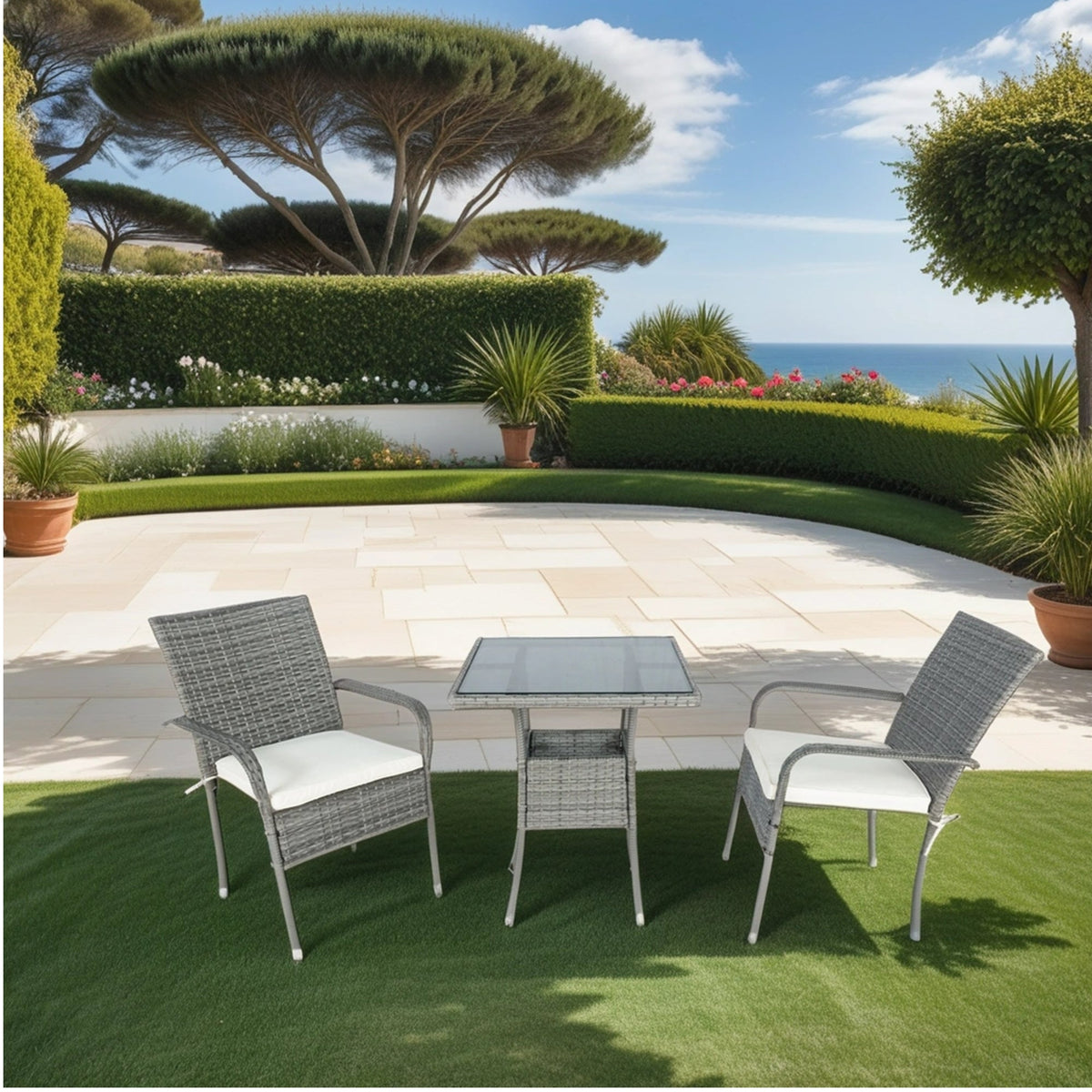 Grey Wicker Patio Conversation Set with Cream Cushions