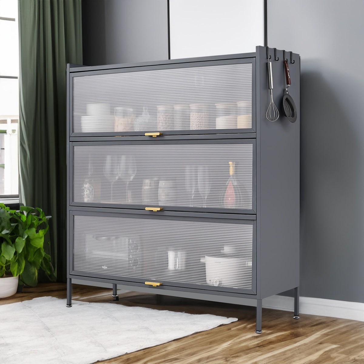 3-Tier Pantry Storage Cabinet with Fluted Glass Doors