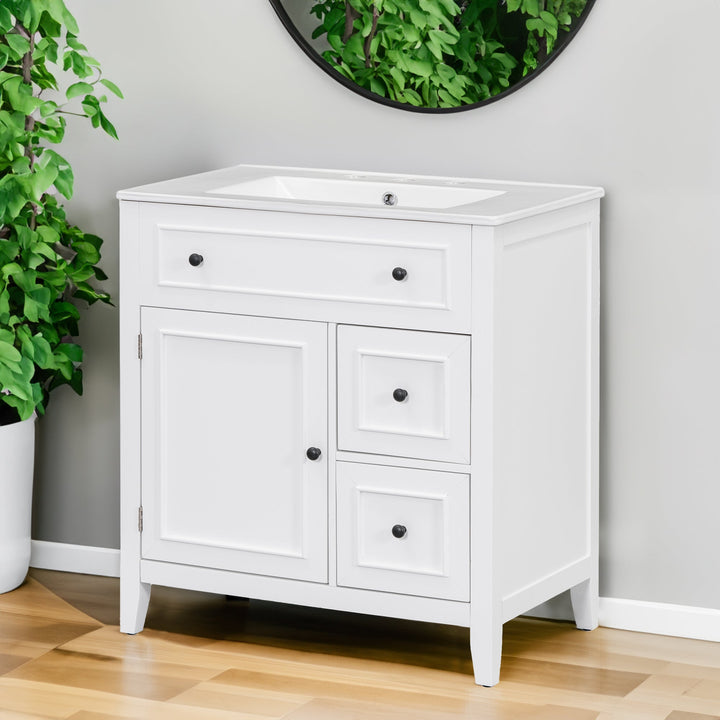 30 Inch White Bathroom Vanity with Sink Top and Storage