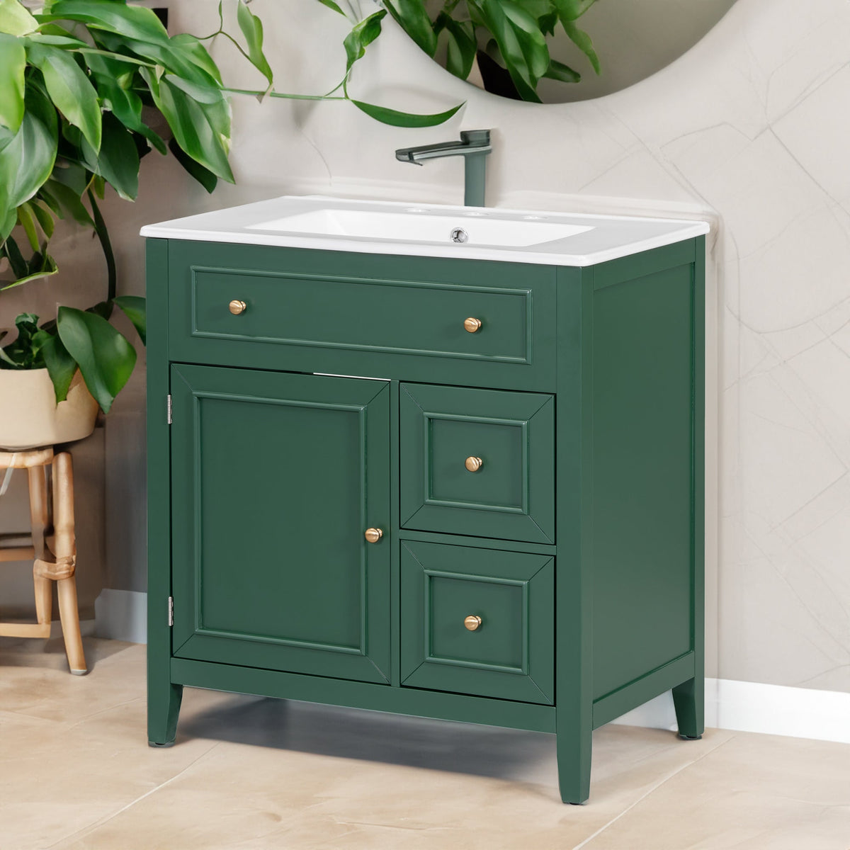 30 Inch Green Bathroom Vanity with Sink Top and Storage