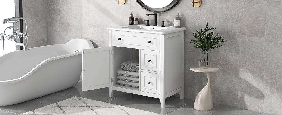 30 Inch White Bathroom Vanity with Sink Top and Storage